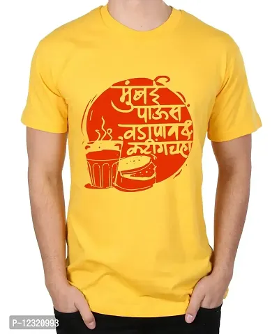 Caseria Men's Round Neck Cotton Half Sleeved T-Shirt with Printed Graphics - Mumbai Vadapav Tea (Yellow, XXL)-thumb0