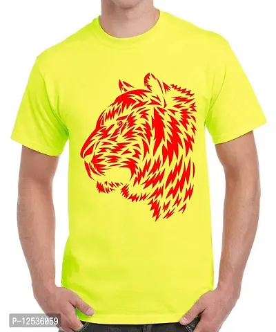 Caseria Men's Round Neck Cotton Half Sleeved T-Shirt with Printed Graphics - Tiger Pattern (Lemon Yellow, MD)-thumb0