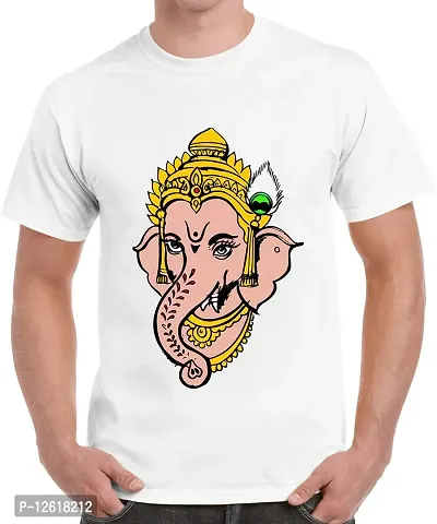 Caseria Men's Round Neck Cotton Half Sleeved T-Shirt with Printed Graphics - Shree Ganesh (White, SM)-thumb0