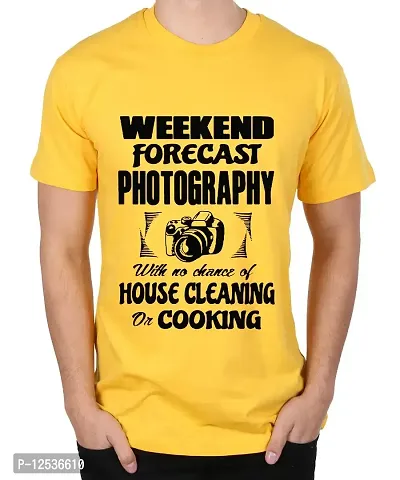 Caseria Men's Round Neck Cotton Half Sleeved T-Shirt with Printed Graphics - Weekend Forecast Photography (Yellow, SM)