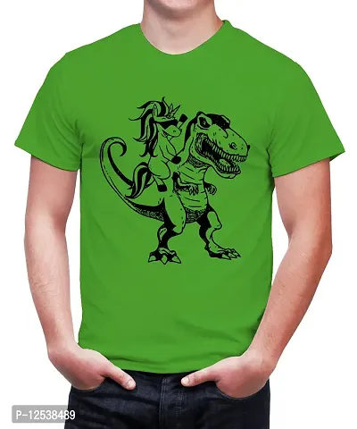 Caseria Men's Round Neck Cotton Half Sleeved T-Shirt with Printed Graphics - Horse Dinosaur (Parrot Green, MD)