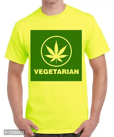 Caseria Men's Round Neck Cotton Half Sleeved T-Shirt with Printed Graphics - Weed Vegetarian (Lemon Yellow, MD)