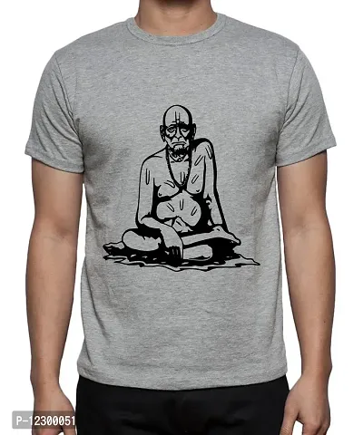 Caseria Men's Round Neck Cotton Half Sleeved T-Shirt with Printed Graphics - Swami Samarth (Grey, XL)