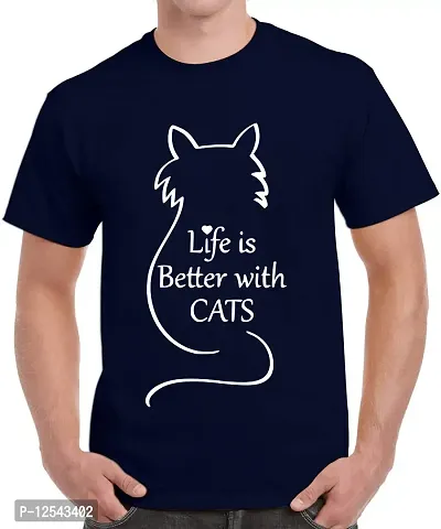 Caseria Men's Round Neck Cotton Half Sleeved T-Shirt with Printed Graphics - Life is Cats (Navy Blue, XL)