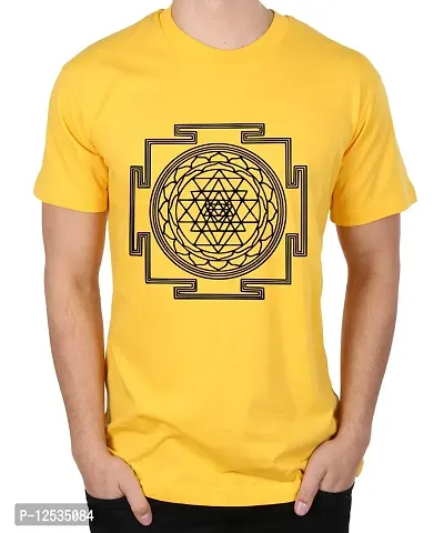 Caseria Men's Round Neck Cotton Half Sleeved T-Shirt with Printed Graphics - Sri Yantra (Yellow, XXL)