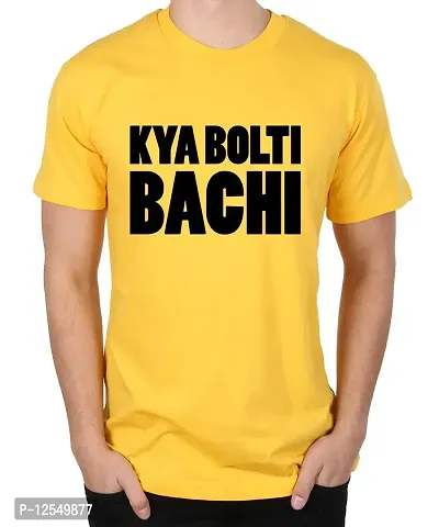 Caseria Men's Round Neck Cotton Half Sleeved T-Shirt with Printed Graphics - Kya Bolti Bachi (Lemon Yellow, SM)