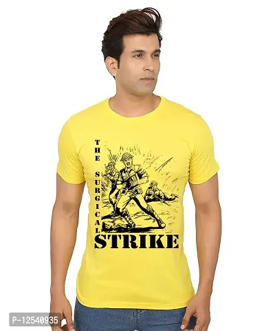 Caseria Men's Round Neck Cotton Half Sleeved T-Shirt with Printed Graphics - Surgical Strike (Yellow, MD)-thumb0