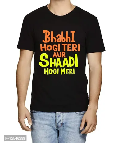 Caseria Men's Round Neck Cotton Half Sleeved T-Shirt with Printed Graphics - Bhabhi Shaadi (Black, MD)-thumb0