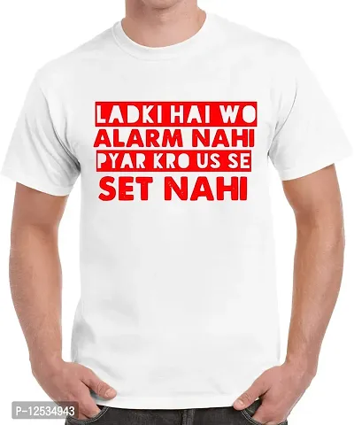 Caseria Men's Round Neck Cotton Half Sleeved T-Shirt with Printed Graphics - Ladki Hai Wo (White, SM)