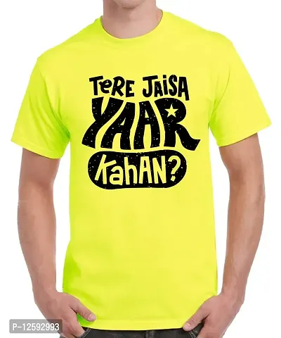 Caseria Men's Round Neck Cotton Half Sleeved T-Shirt with Printed Graphics - Tere Jaisa Yaar Kahan (Lemon Yellow, XL)-thumb0