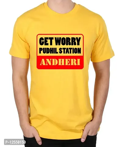 Caseria Men's Round Neck Cotton Half Sleeved T-Shirt with Printed Graphics - Get Worry Andheri (Yellow, MD)