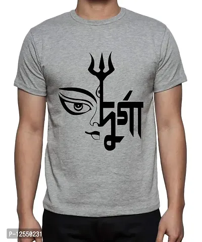 Caseria Men's Round Neck Cotton Half Sleeved T-Shirt with Printed Graphics - Durga Puja (Grey, MD)