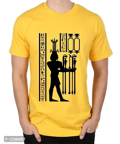 Caseria Men's Round Neck Cotton Half Sleeved T-Shirt with Printed Graphics - Egyptian Mythology (Yellow, L)-thumb0