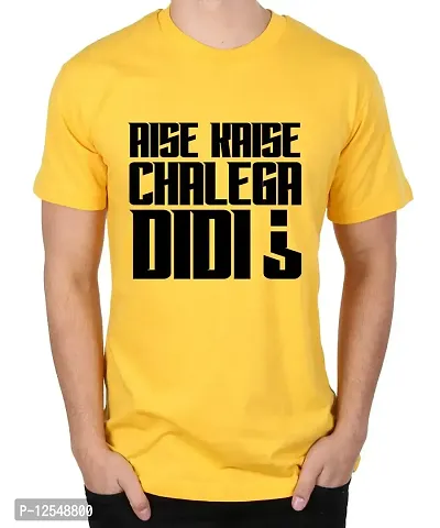 Caseria Men's Round Neck Cotton Half Sleeved T-Shirt with Printed Graphics - Aise Kaise Chalega Didi (Yellow, XXL)-thumb0