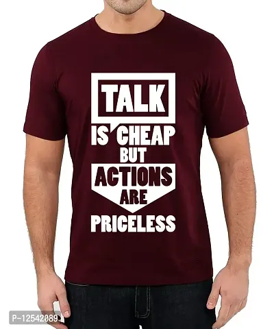 Caseria Men's Round Neck Cotton Half Sleeved T-Shirt with Printed Graphics - Action are Priceless (Maroon, L)