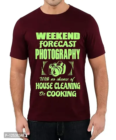 Caseria Men's Round Neck Cotton Half Sleeved T-Shirt with Printed Graphics - Weekend Forecast Photography (Maroon, XXL)