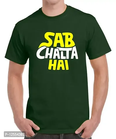 Caseria Men's Round Neck Cotton Half Sleeved T-Shirt with Printed Graphics - Sab Chalta Hai (Bottel Green, MD)