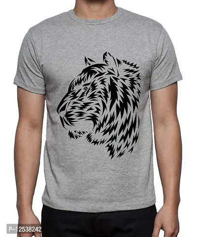 Caseria Men's Round Neck Cotton Half Sleeved T-Shirt with Printed Graphics - Tiger Pattern (Grey, L)