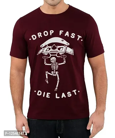 Caseria Men's Round Neck Cotton Half Sleeved T-Shirt with Printed Graphics - Drop Fast Die Last (Maroon, L)