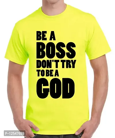 Caseria Men's Round Neck Cotton Half Sleeved T-Shirt with Printed Graphics - Be Boss God (Lemon Yellow, SM)-thumb0