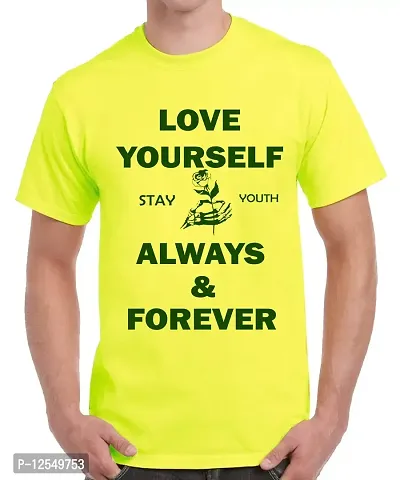 Caseria Men's Round Neck Cotton Half Sleeved T-Shirt with Printed Graphics - Love Yourself Stay Youth (Lemon Yellow, XL)