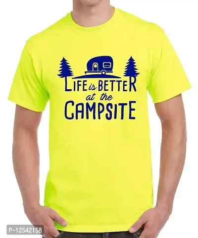 Caseria Men's Round Neck Cotton Half Sleeved T-Shirt with Printed Graphics - Better at The Campsite (Lemon Yellow, XL)