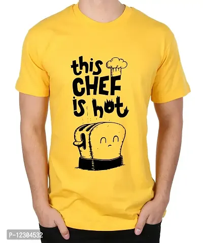 Caseria Men's Round Neck Cotton Half Sleeved T-Shirt with Printed Graphics - This Chef is Hot (Yellow, L)-thumb0