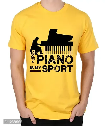 Caseria Men's Round Neck Cotton Half Sleeved T-Shirt with Printed Graphics - Piano is My Sport (Yellow, XL)