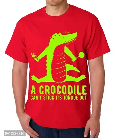 Caseria Men's Round Neck Cotton Half Sleeved T-Shirt with Printed Graphics - Crocodile Stick (Red, L)-thumb0