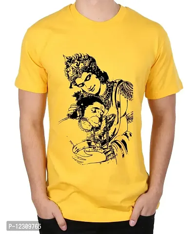 Caseria Men's Round Neck Cotton Half Sleeved T-Shirt with Printed Graphics - Bhakti Lord Ram (Yellow, MD)