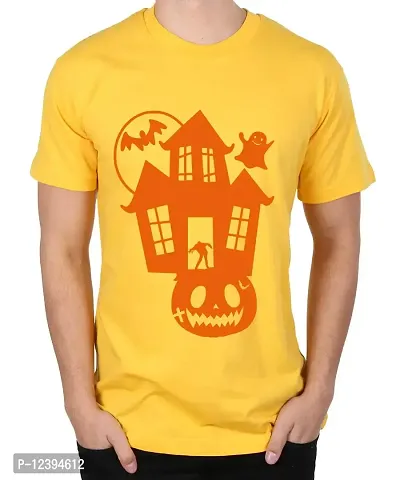 Caseria Men's Round Neck Cotton Half Sleeved T-Shirt with Printed Graphics - Halloween House (Yellow, MD)-thumb0