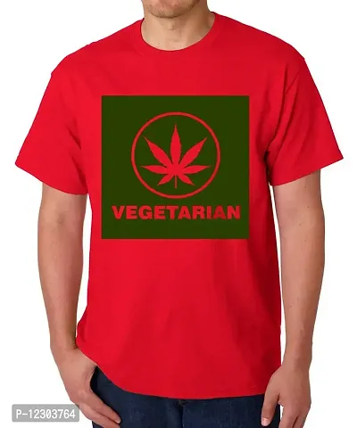 Caseria Men's Round Neck Cotton Half Sleeved T-Shirt with Printed Graphics - Weed Vegetarian (Red, L)-thumb0