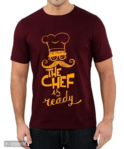 Caseria Men's Round Neck Cotton Half Sleeved T-Shirt with Printed Graphics - The Chef is Ready (Maroon, XXL)