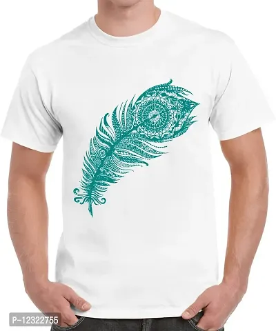 Caseria Men's Round Neck Cotton Half Sleeved T-Shirt with Printed Graphics - Peacock Feather (White, SM)