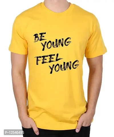 Caseria Men's Round Neck Cotton Half Sleeved T-Shirt with Printed Graphics - Be Young Feel Young (Yellow, SM)-thumb0