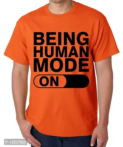 Caseria Men's Round Neck Cotton Half Sleeved T-Shirt with Printed Graphics - Being Human Mode On (Orange, MD)