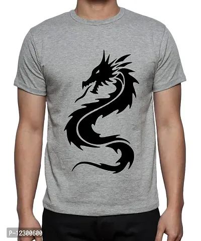 Caseria Men's Round Neck Cotton Half Sleeved T-Shirt with Printed Graphics - Chinese Dragon (Grey, XL)