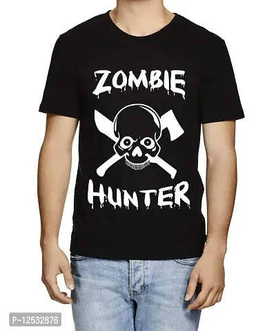 Caseria Men's Round Neck Cotton Half Sleeved T-Shirt with Printed Graphics - Zomble Hunter (Black, XXL)