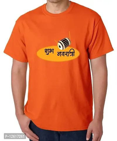 Caseria Men's Round Neck Cotton Half Sleeved T-Shirt with Printed Graphics - shubh Navratri (Orange, MD)-thumb0