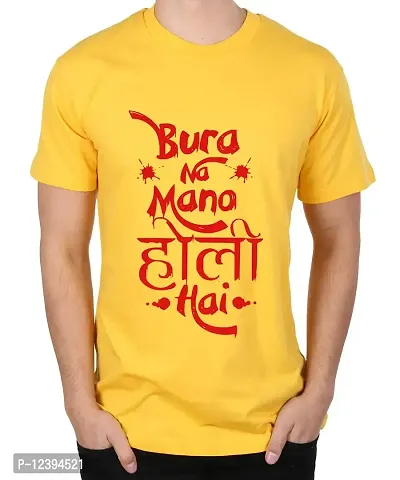 Caseria Men's Round Neck Cotton Half Sleeved T-Shirt with Printed Graphics - Holi Hai (Yellow, XXL)