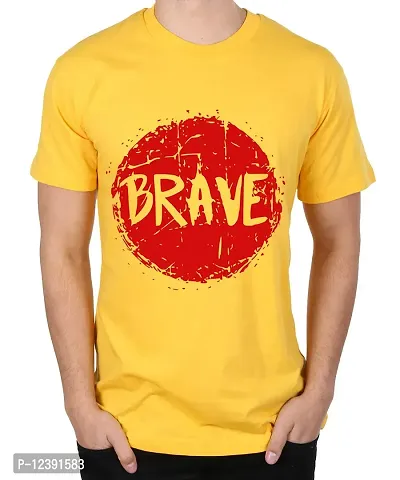 Caseria Men's Round Neck Cotton Half Sleeved T-Shirt with Printed Graphics - Brave (Yellow, SM)-thumb0