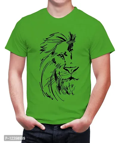 Caseria Men's Round Neck Cotton Half Sleeved T-Shirt with Printed Graphics - Lion Face (Parrot Green, XL)-thumb0