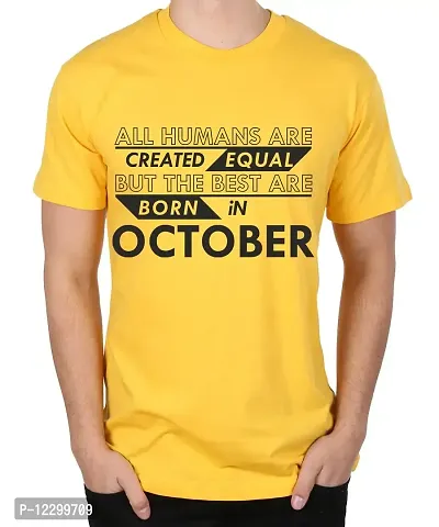 Caseria Men's Round Neck Cotton Half Sleeved T-Shirt with Printed Graphics - Best Born in October Pattern (Yellow, XL)-thumb0