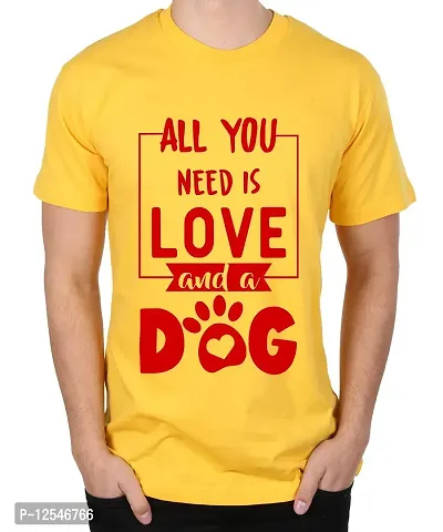 Caseria Men's Round Neck Cotton Half Sleeved T-Shirt with Printed Graphics - All You Need Dog (Yellow, XXL)