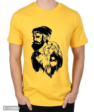 Caseria Men's Round Neck Cotton Half Sleeved T-Shirt with Printed Graphics - Shivaji Bhonsle Lion (Yellow, L)-thumb0