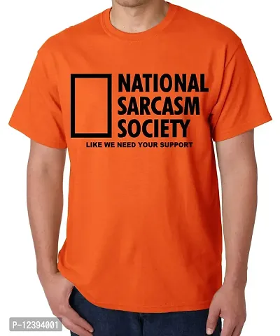 Caseria Men's Round Neck Cotton Half Sleeved T-Shirt with Printed Graphics - National Sarcasm Society (Orange, SM)