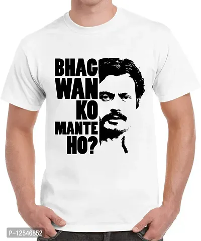 Caseria Men's Round Neck Cotton Half Sleeved T-Shirt with Printed Graphics - Bhagwanko Mante Ho (White, XL)