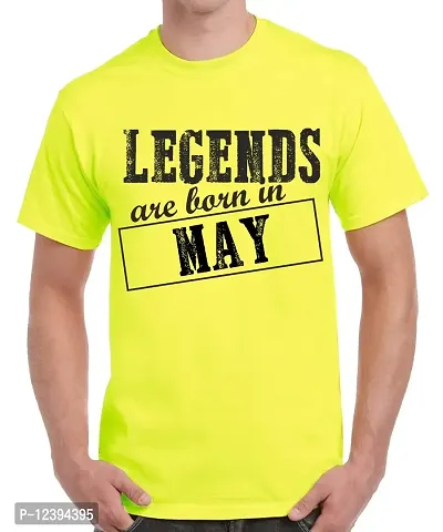 Caseria Men's Round Neck Cotton Half Sleeved T-Shirt with Printed Graphics - Legends are Born in May Pattern (Lemon Yellow, L)-thumb0