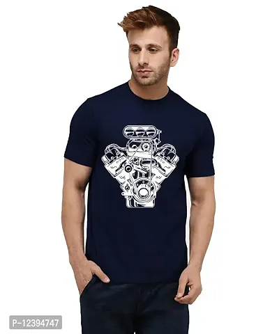 Caseria Men's Round Neck Cotton Half Sleeved T-Shirt with Printed Graphics - Heart Car Engine (Navy Blue, XL)-thumb0