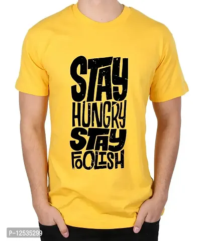 Caseria Men's Round Neck Cotton Half Sleeved T-Shirt with Printed Graphics - Stay Hungry (Yellow, XXL)-thumb0